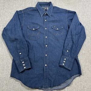 Vtg Wrangler Shirt Mens 17-35 Denim X-Long Tails Pearl Snap Western USA 80s XL